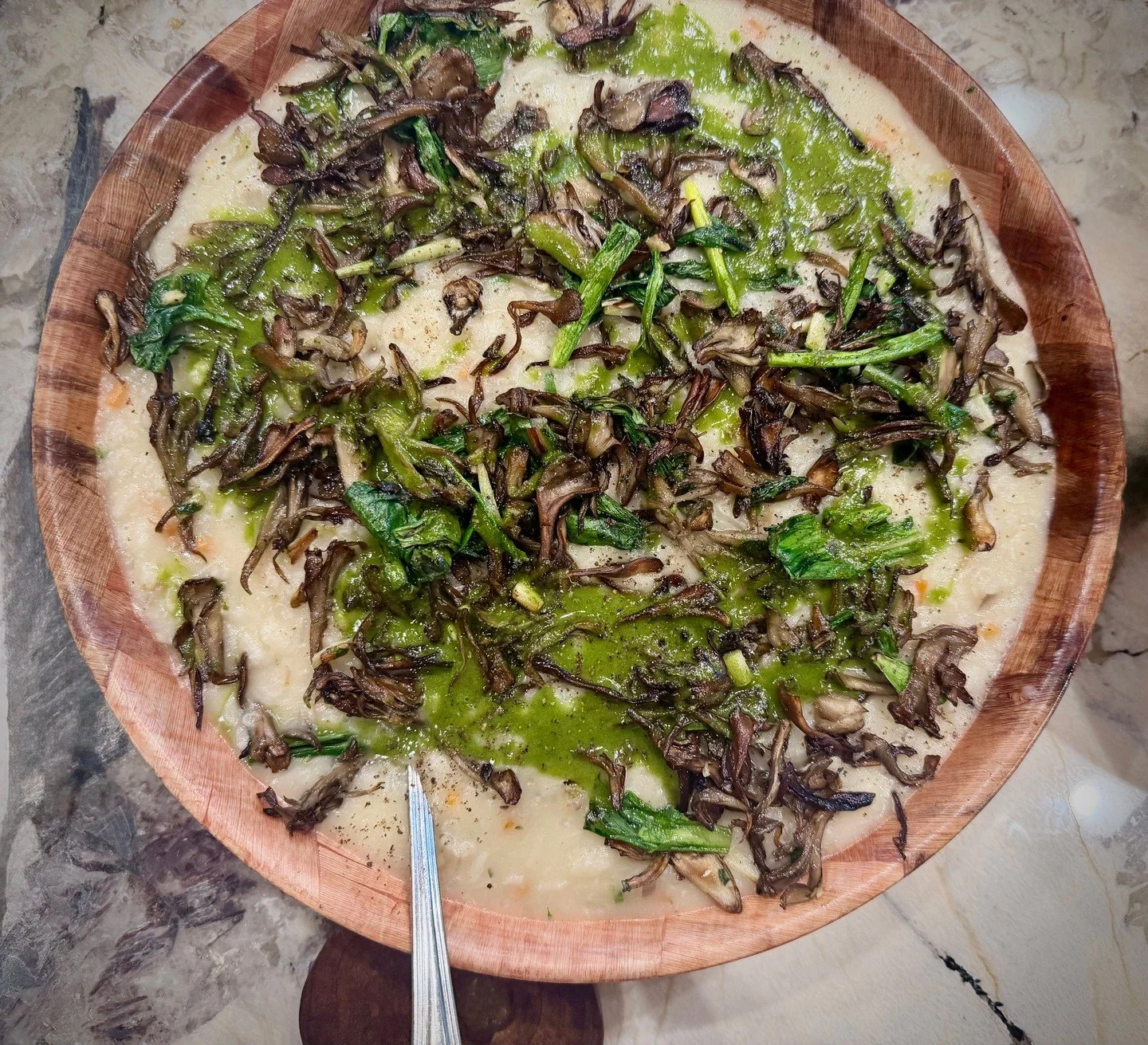 Spring risotto, built around what&rsquo;s in season.

Arborio rice slowly cooked and folded with gently cooked spring vegetables, finished with a bright herb jus.
Topped with crispy local maitake mushrooms and finished with a generous amount of parme