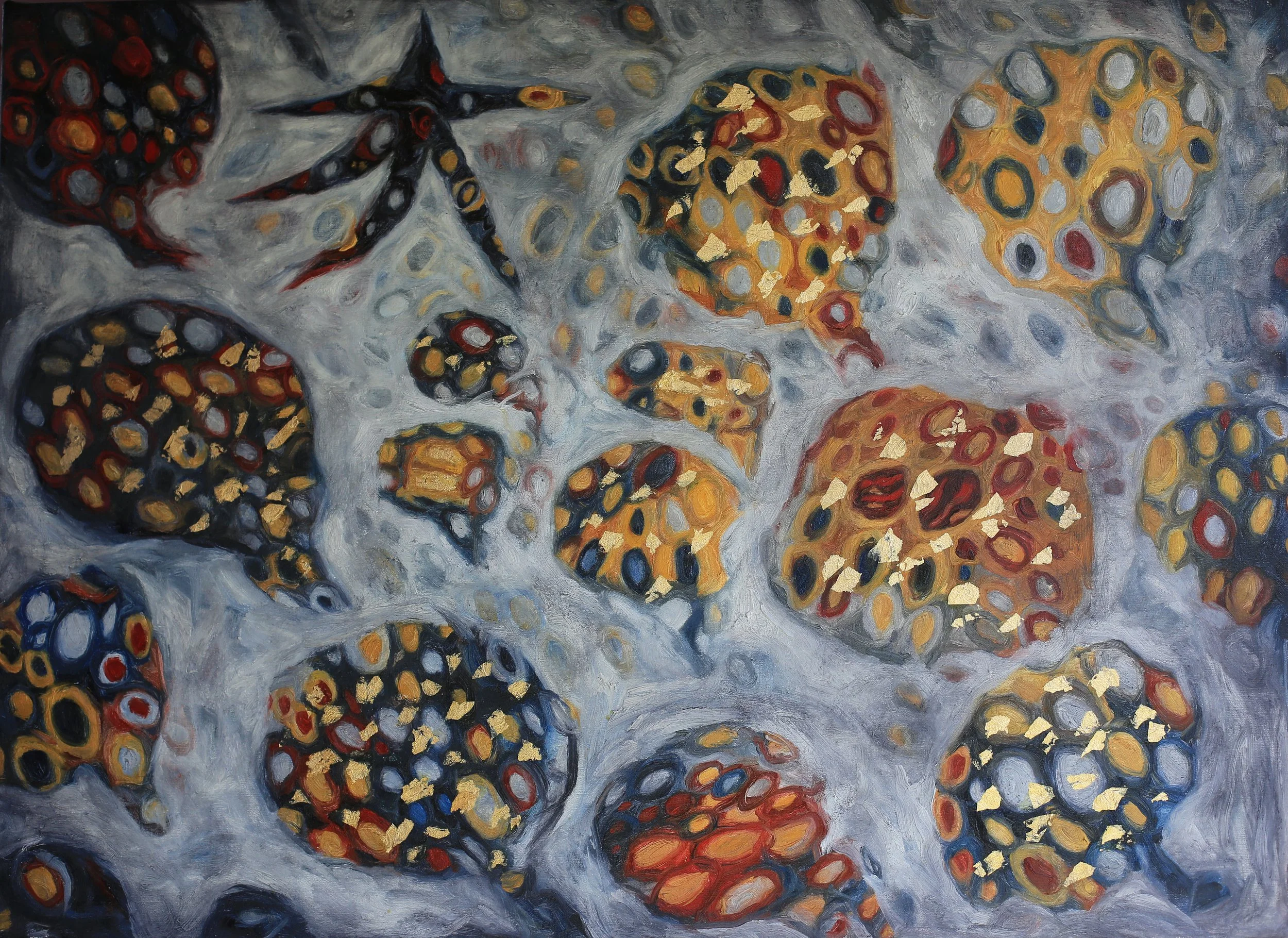 Organic Abstraction, 40" x 30", oil and gold leaf on linen, $1,500