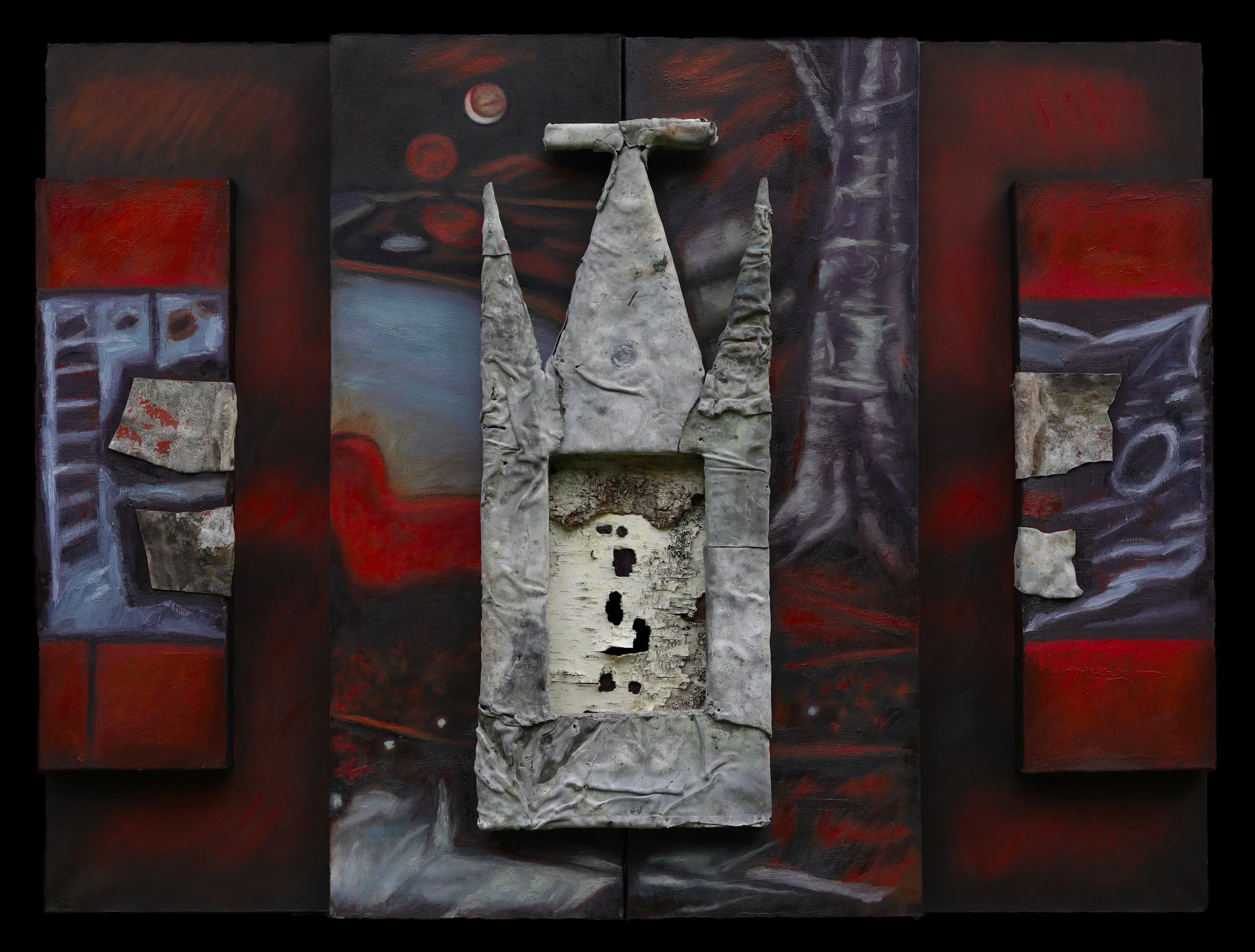 Sanctuary (#1), 48" x 36" x 5", oil and metal on canvas and wood, birch bark with woodpecker holes, $2,000 