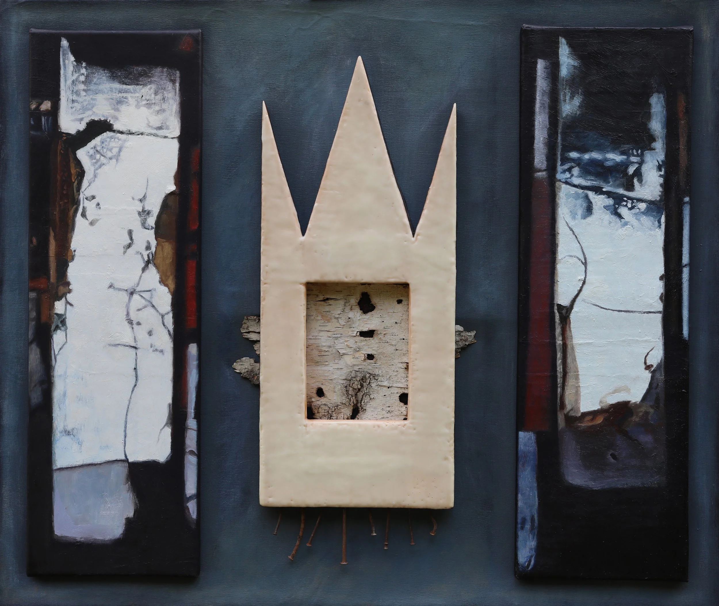 Sanctuary (#2), 42" x 36" x 3", oil and encaustic on canvas and wood, with birch bark and woodpecker holes, $2,000