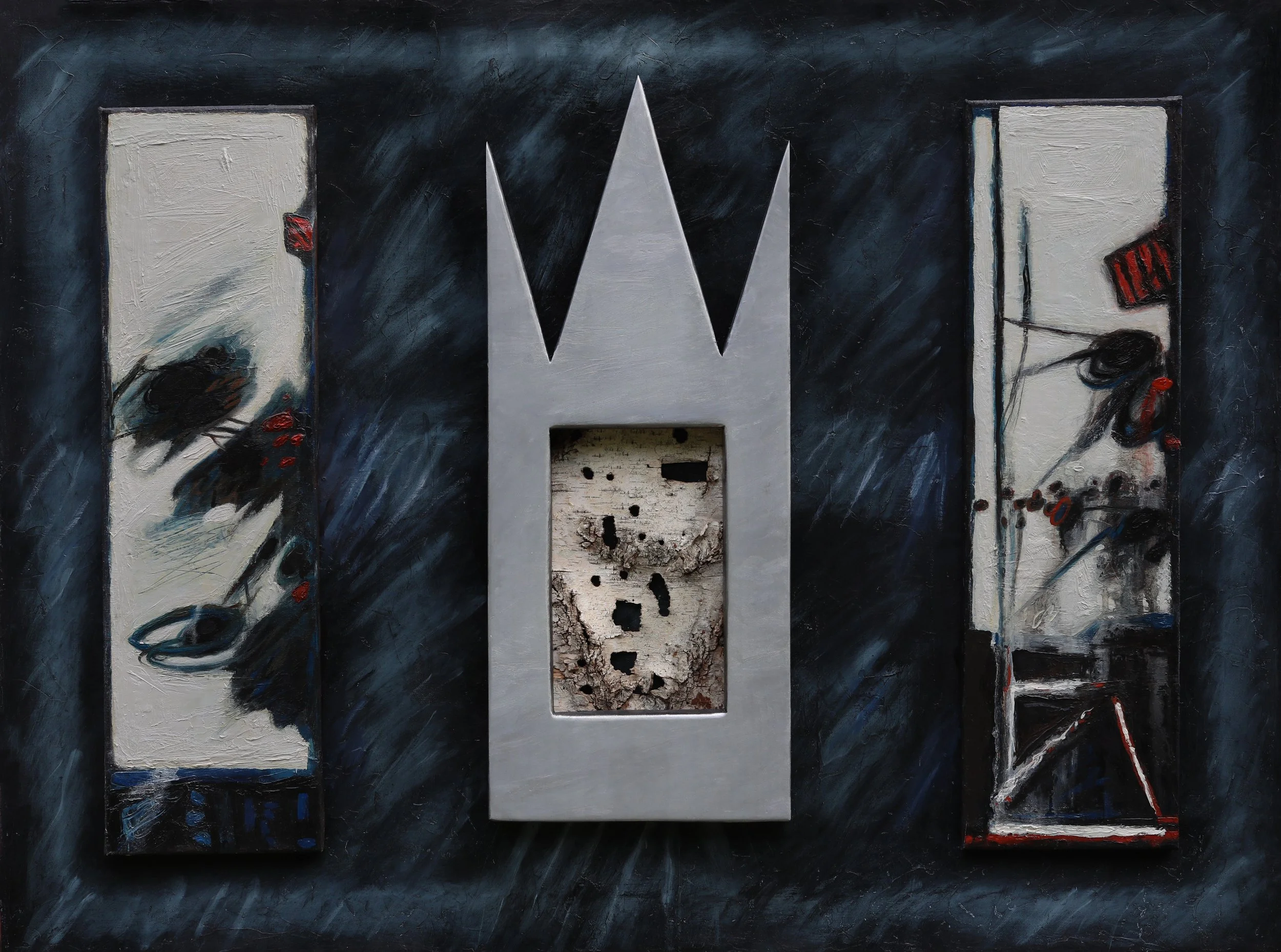 Sanctuary (#3), 48" x 36" x 2.5", oil on canvas and wood, with birch bark and woodpecker holes, $2,000