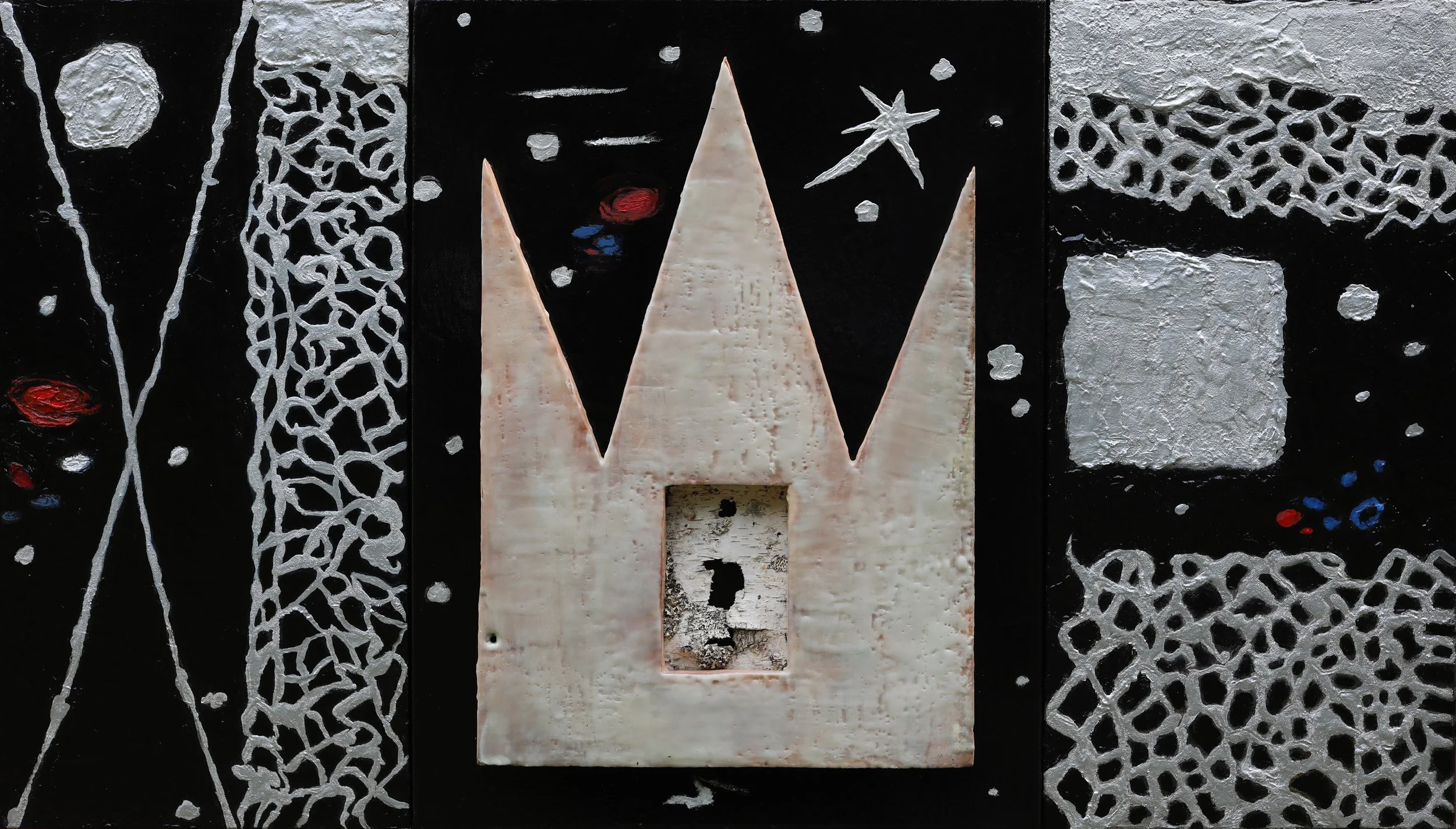 Sanctuary (#4), 42" x 24" x 2.5", oil and encaustic on canvas and wood, birch bark with woodpecker holes, $2,000 