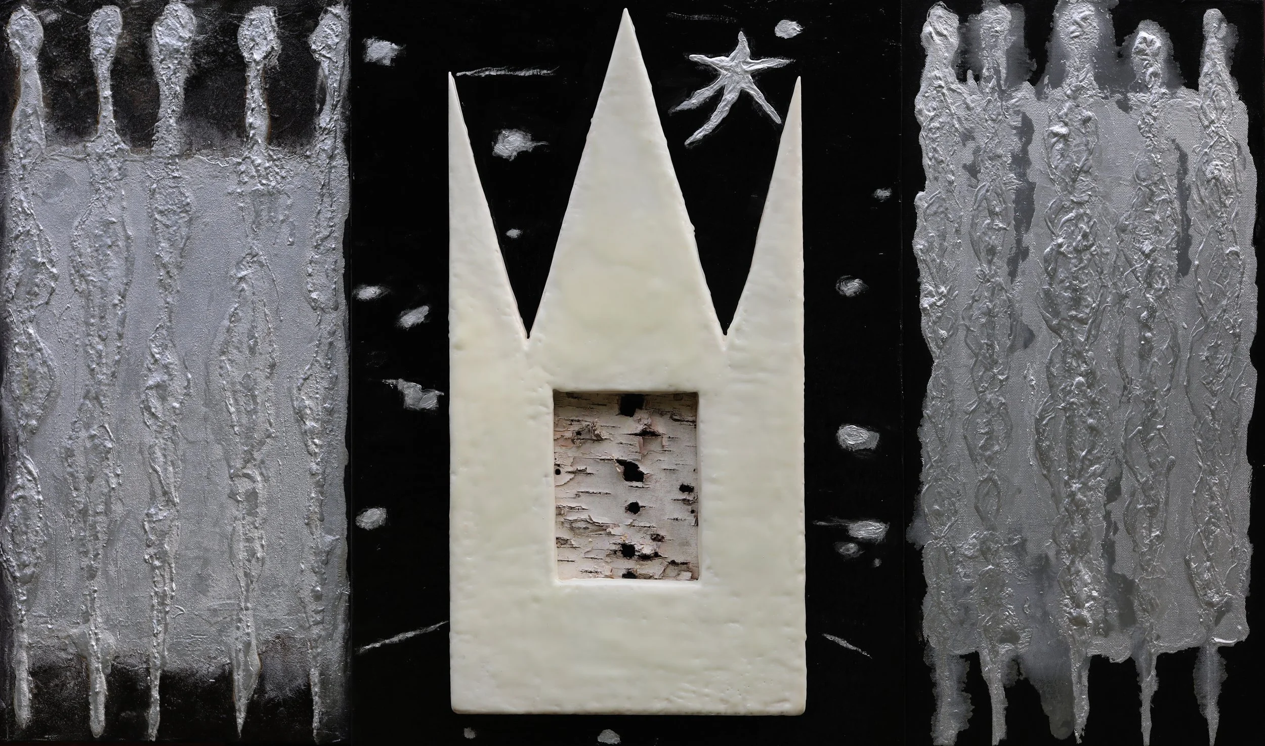 Sanctuary (#5), 42" x 24" x 2.5", oil and encaustic on canvas and wood, with birch bark and woodpecker holes, $2,000
