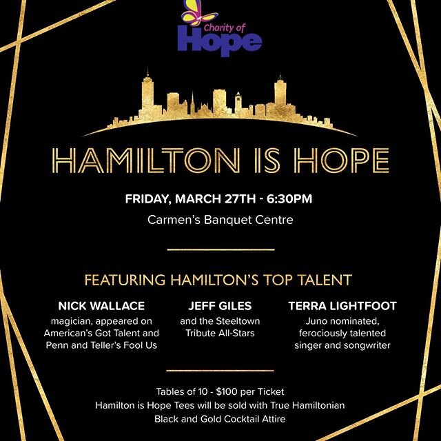 I&rsquo;m honoured to be putting some entertainment together for Charity of Hope&rsquo;s upcoming fundraiser featuring some incredible Hamilton talent, including incredible songwriter Terra Lightfoot and killer magician Nick Wallace. Hope I can keep 