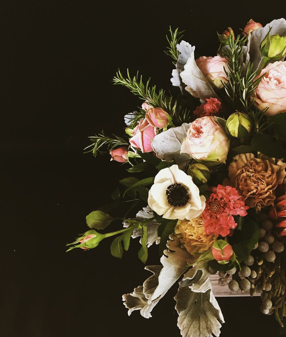 Flower Delivery: Lush and Fragrant Garden Box style arrangement of Garden Roses, Strawberry Scabiosa, Silver Brunia, Rosemary, and more seasonal varieties. 