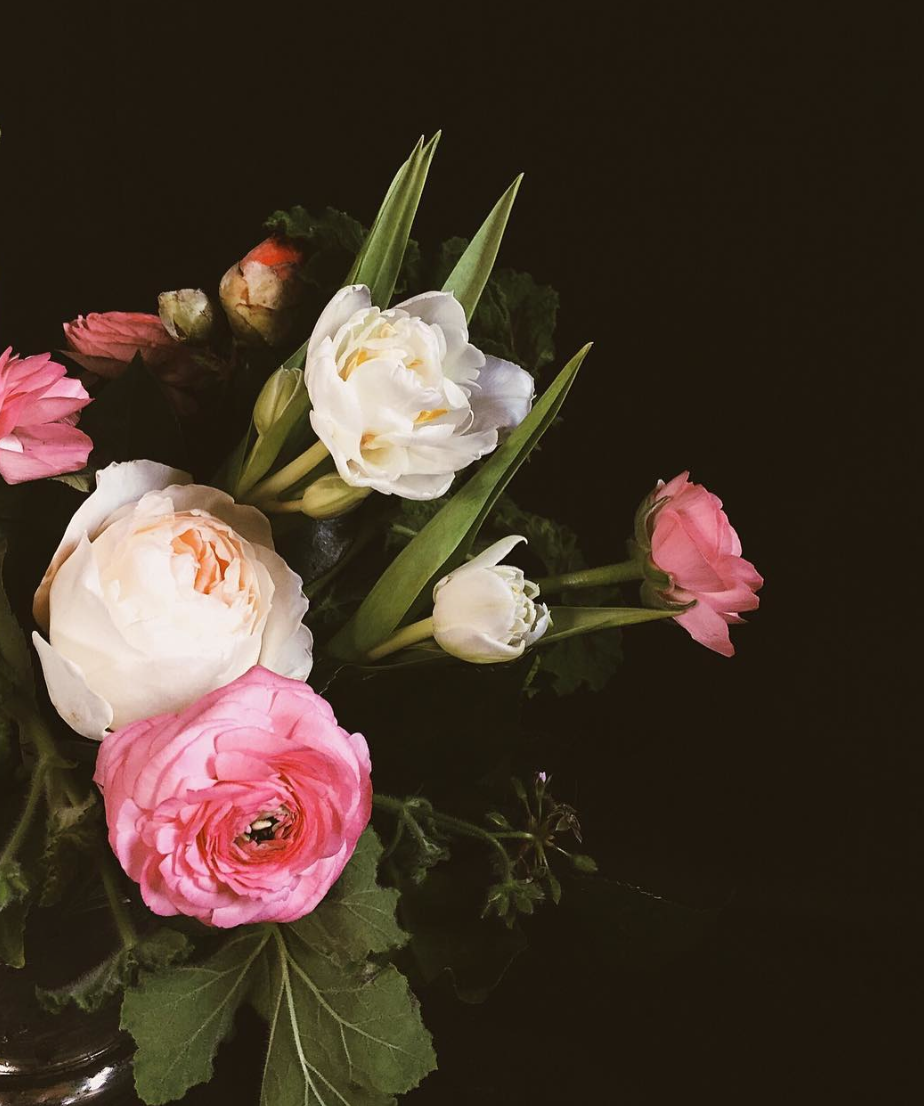 Flower Delivery: Spring garden mix of Geranium, Juliet Garden Roses, Pink Ranunculus, and Peony Tulips with Camellia accents. 