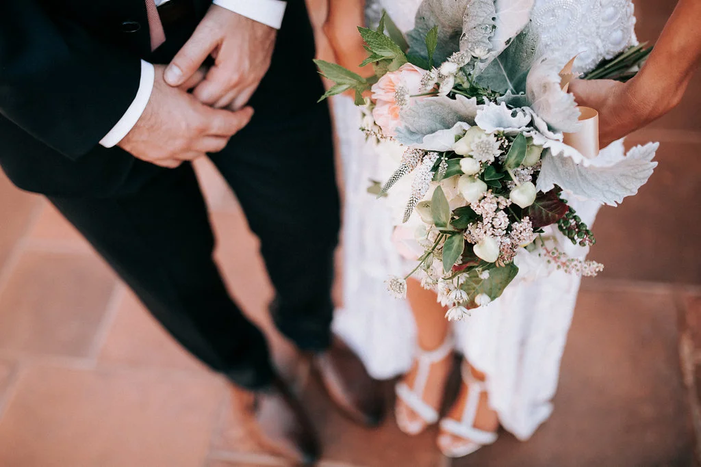 Detail bouquet shot showing all the delicious ingredients - Dusty miller, hellebores, pokeweed, astrantia, veronica, mint, dahlias, matricaria, and Juliet roses.