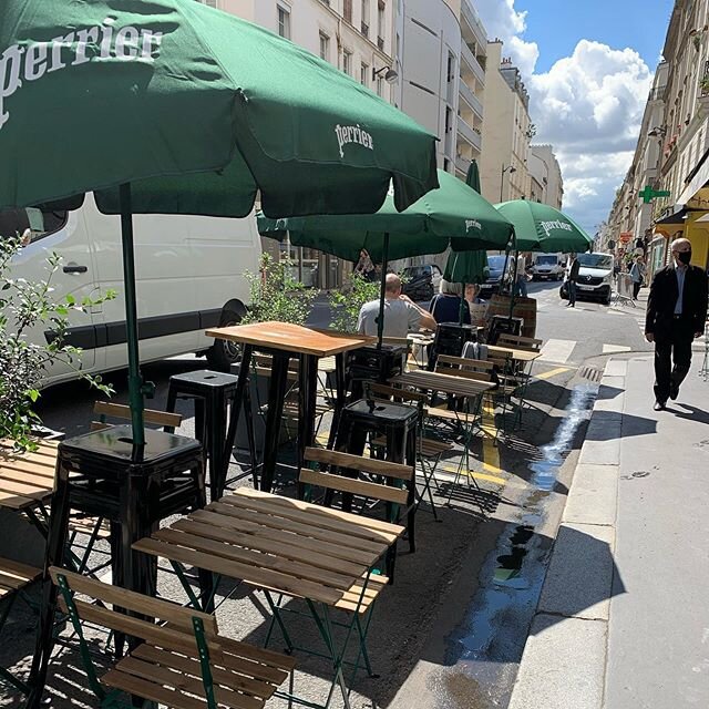 Love all of the new street side #cafe #terraces in #Paris #France. They make formerly dull cafes look more inviting. #pariscafe  #frenchcafe #paris11  #cafetable #cafeumbrella #liveinfrance #expatlife