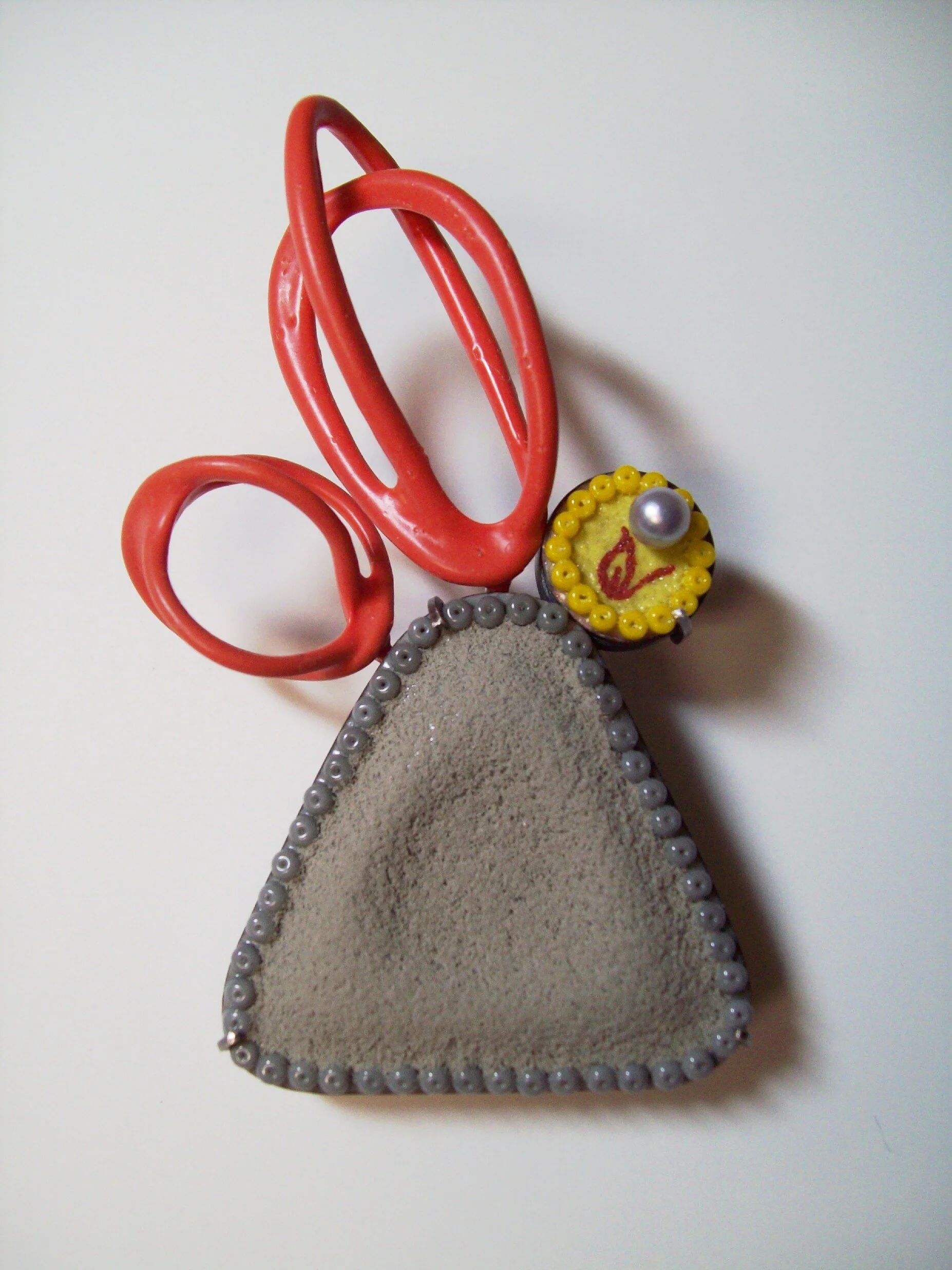  Eruption  Brooch, enamel , copper, glass beads, liquid plastic, silver, pearl, steel 