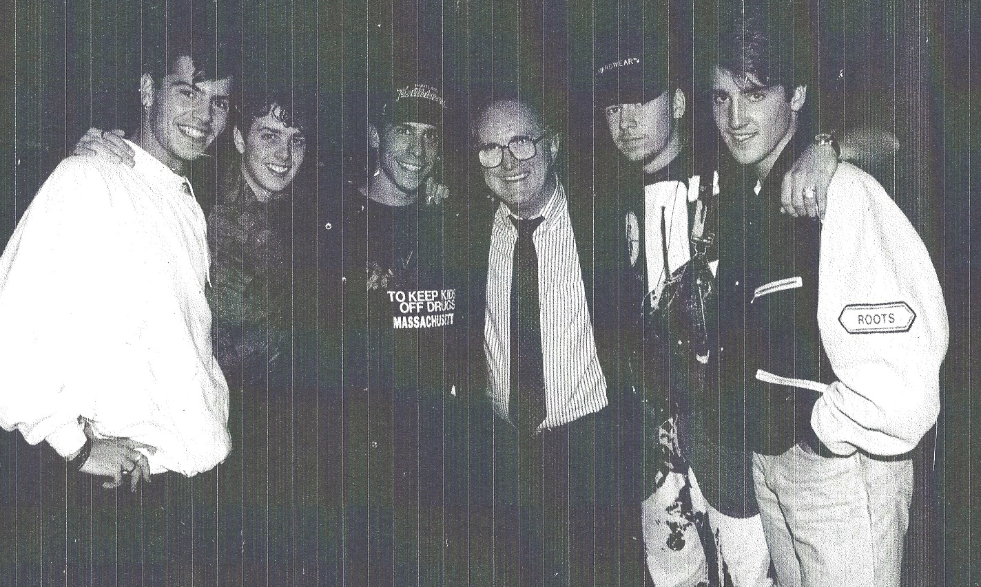 Jack Healey visits the New Kids on the Block to ask them to play in the A Hug to a Hope concert in Chile, 1990.
