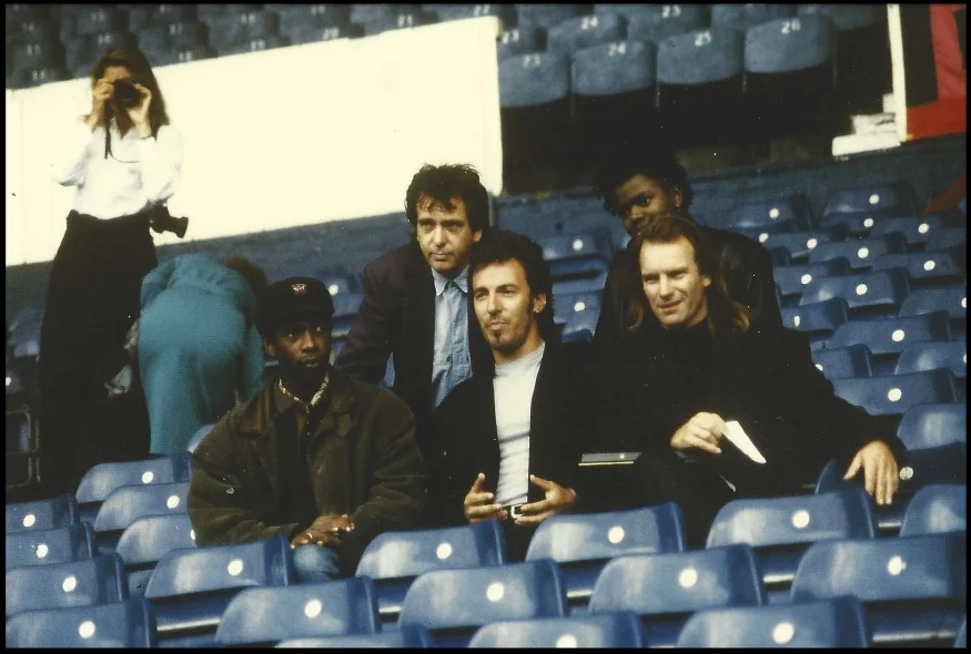 The artists of the Human Rights Now tour, Wembley 1988. From left: Youyou N'Dour, Peter Gabriel, Bruce Springsteen, Tracy Chapman and Sting.