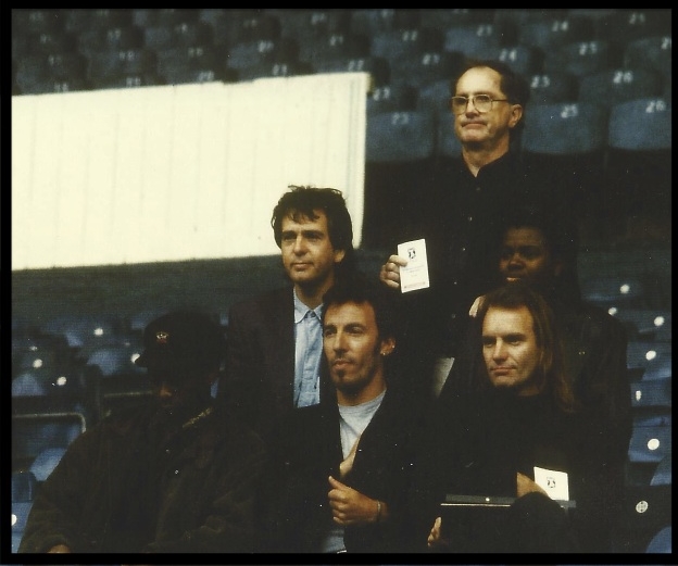 The five artists of the Human Rights Now tour with Jack Healey. The concerts played in sixteen countries in six weeks on every continent, as well as a three hour broadcast on HBO. Wembley, 1988.