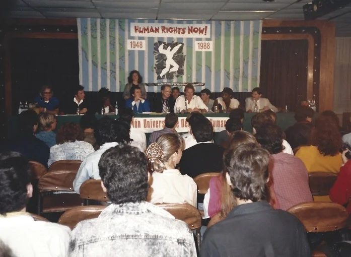 The artists of the Human Rights Now concerts and Amnesty officials at the press conference to kick off the Philadelphia show, 1988.