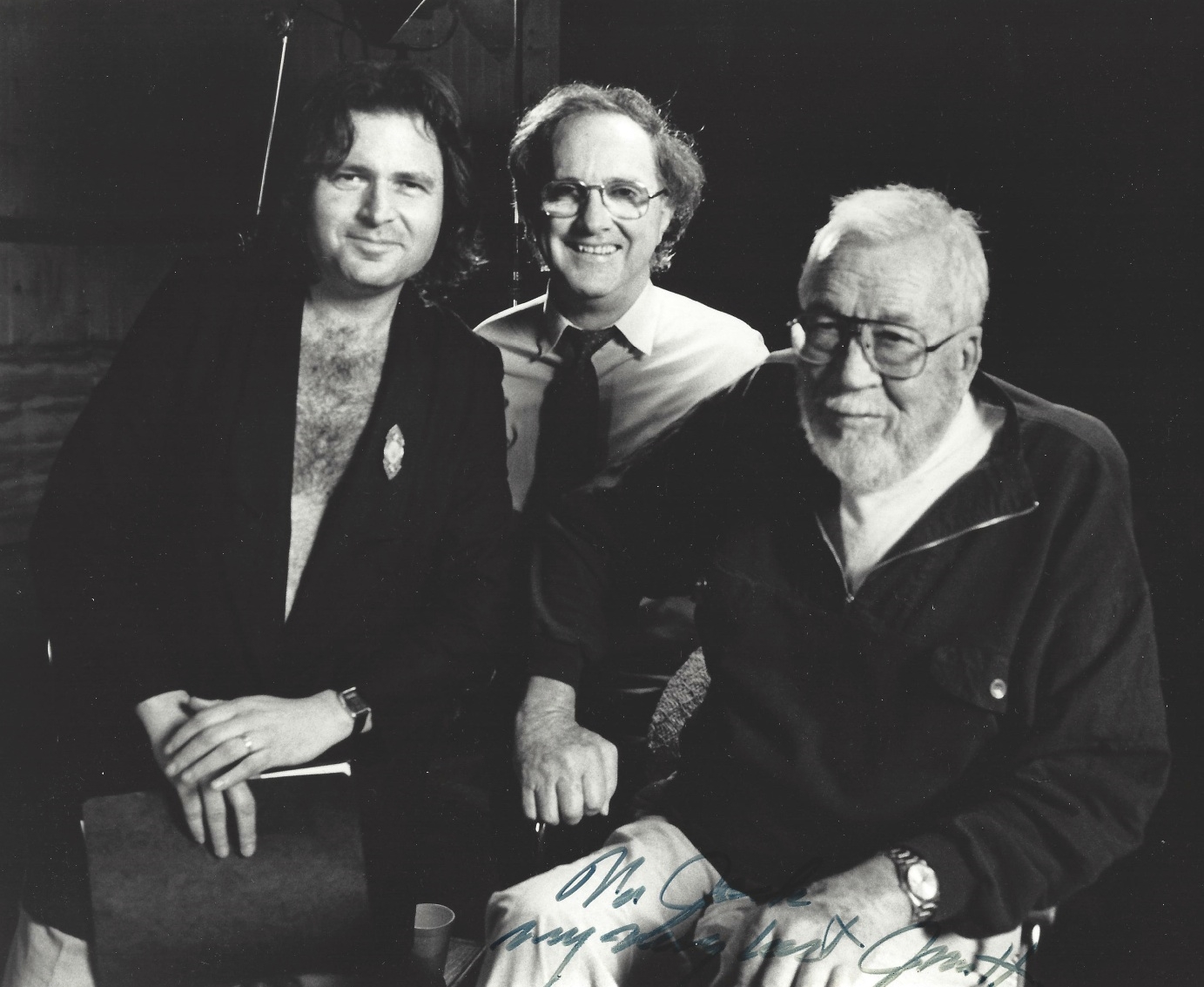 Two brilliant directors, Bill Furtik of New York and John Huston of legendary fame and father of Angelica and Daniel Houston with Jack Healey during Furtik's shooting of a public service announcement for the Conspiracy of Hope, 1986.