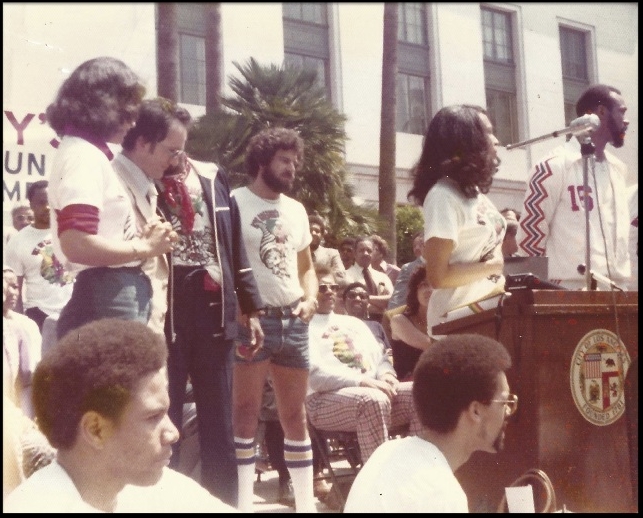 Outside Mayor Bradley's office, 1976. Dick Gregory ran across the United States for world hunger.