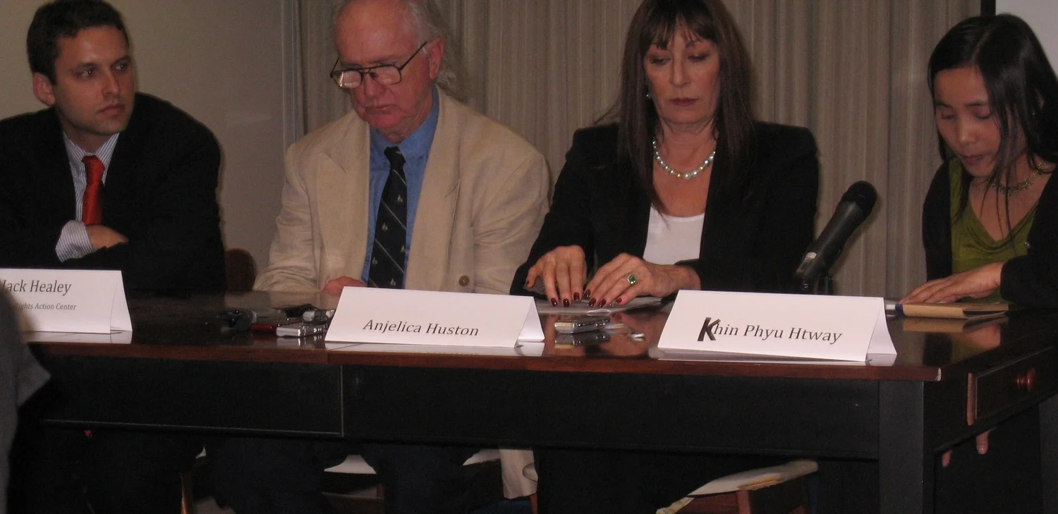  Jeremy Woodrum, Jack Healey, Anjelica Huston and Khin Phyu Htway meet to speak about Burma following the 2008 Cyclone Nargis which was one of the worst natural disasters to hit Burma. 