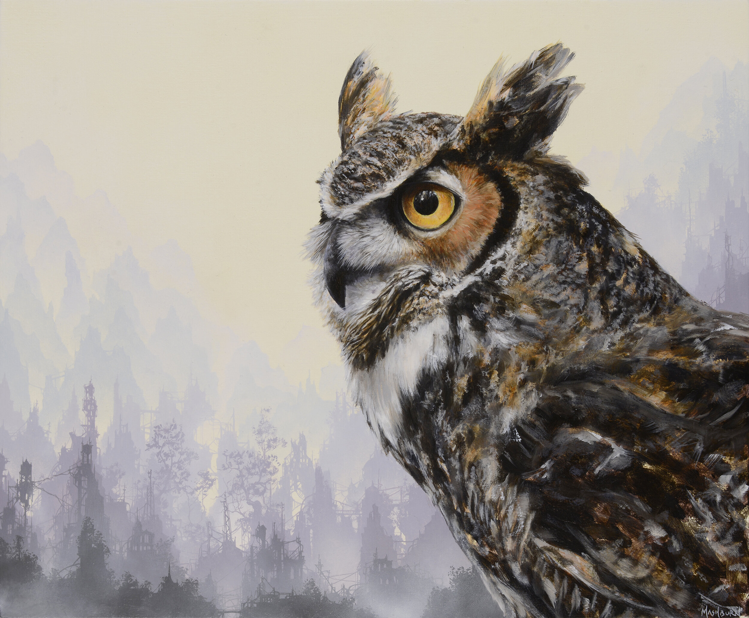 Great Horned Owl Before a Purple City