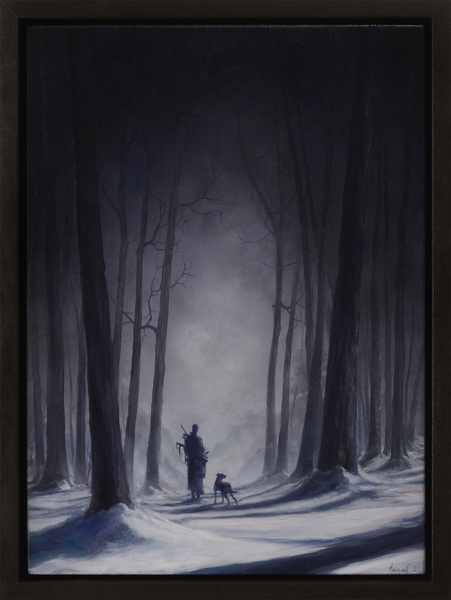 Boy with Dog in the Forest at Night