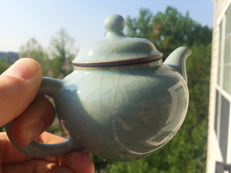 One of my celadon teapots. A small 180ml (6 oz.) Longquan Ge Yao "Ice Veins" from China.