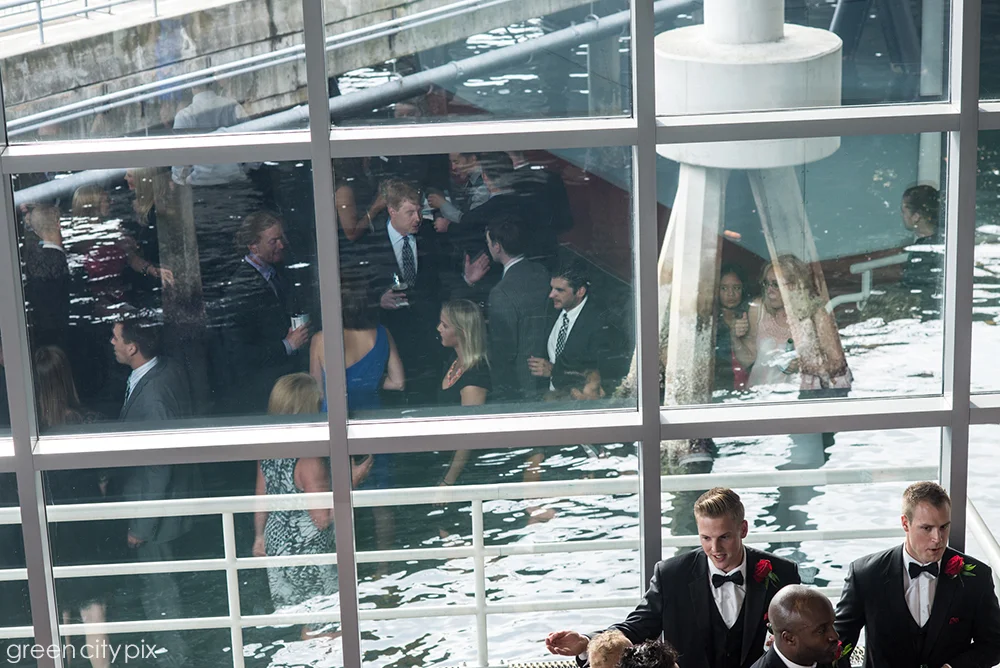 Party on the Water: The windows provided clean reflections of the reception.