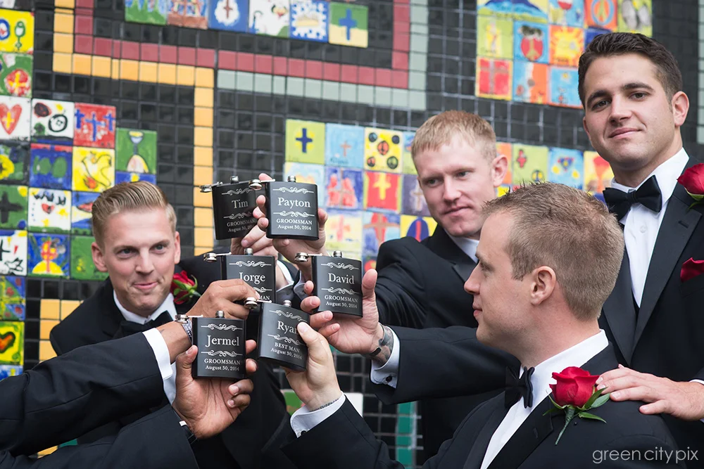 Great gift idea: Personalized flasks for the groomsmen. 