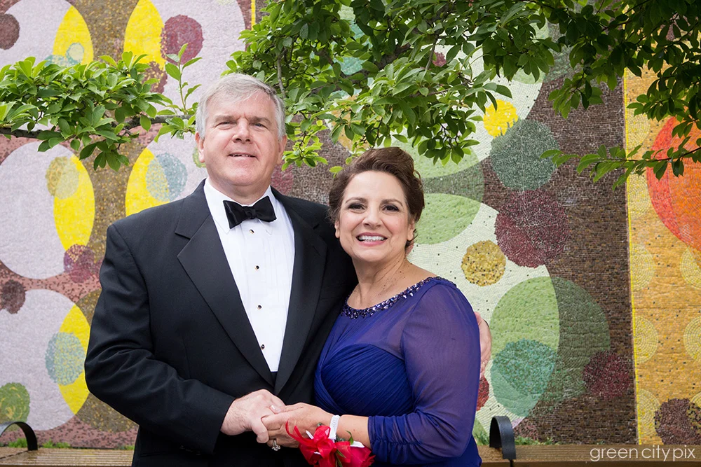 Parents of the bride: The polka-dotted mural outside Bell Harbor seemed to capture the happy mood of this long-married couple. 