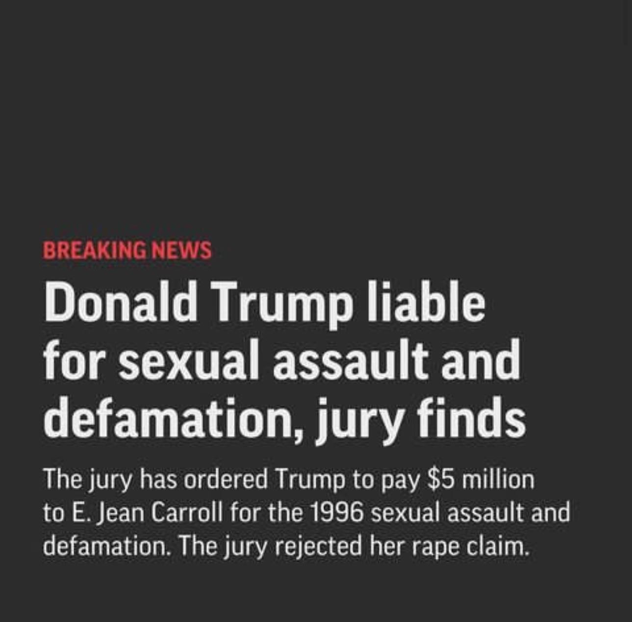 Donald Trump es encontrado culpable de abusar sexualmente a la escritora, Jean Carroll en 1996. #repost @apnews A jury found Donald Trump liable Tuesday for sexually abusing advice columnist E. Jean Carroll in 1996, awarding her $5 million in a judgm