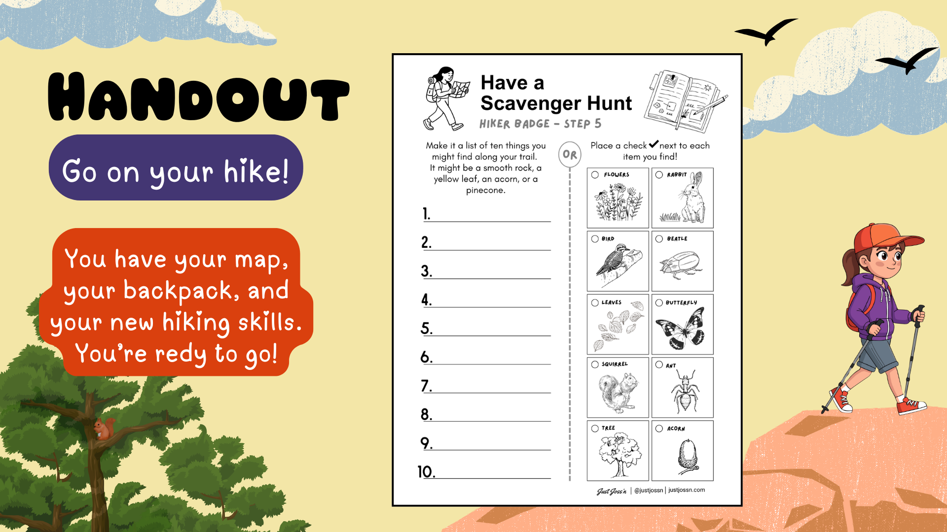 a graphic of step 5 go on your hike handout with a girl hiking in the background