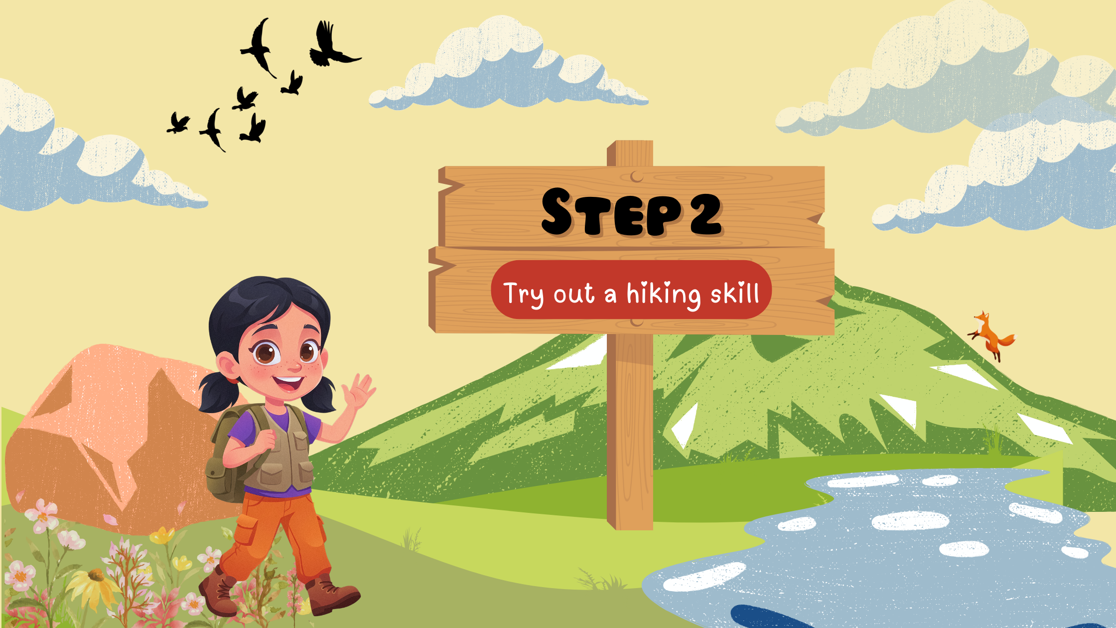 A girl waving in front on a hiking trail sign that reads Step 2: Try out a hiking skill in a grassy meadow