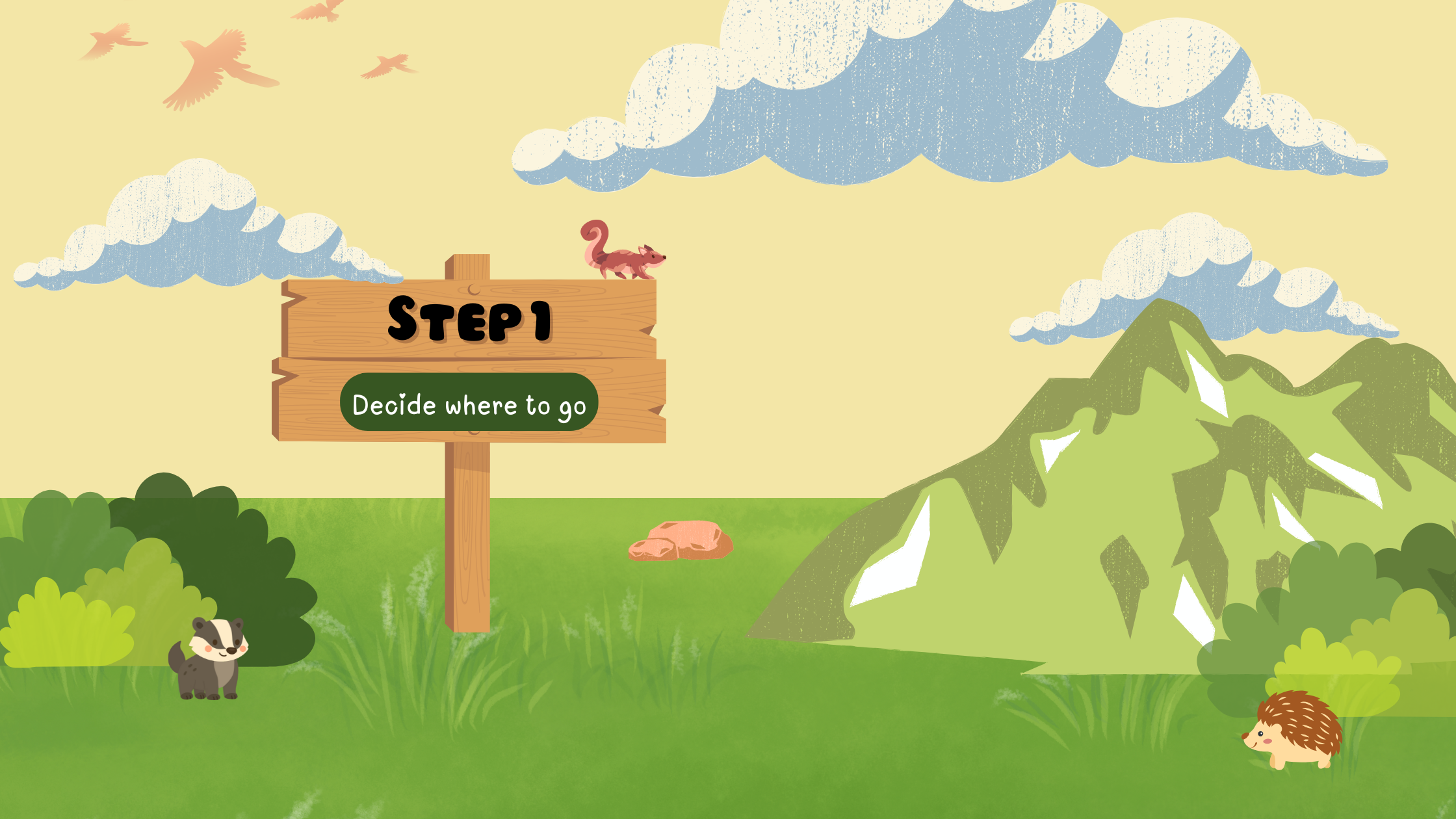 a grass field with wild animals in the background with a trail sign that reads Step 1 Decide where to go