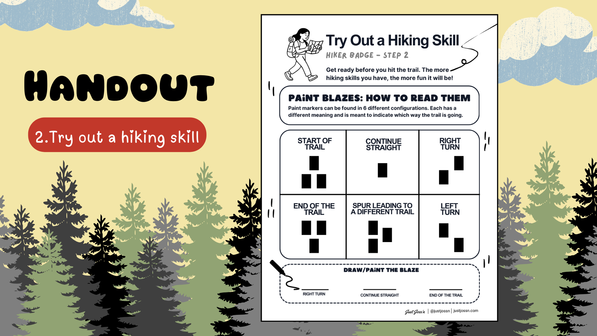 a graphic for the handout 2 Try Out A hiking Skill - Learn how to read Paint Blazes