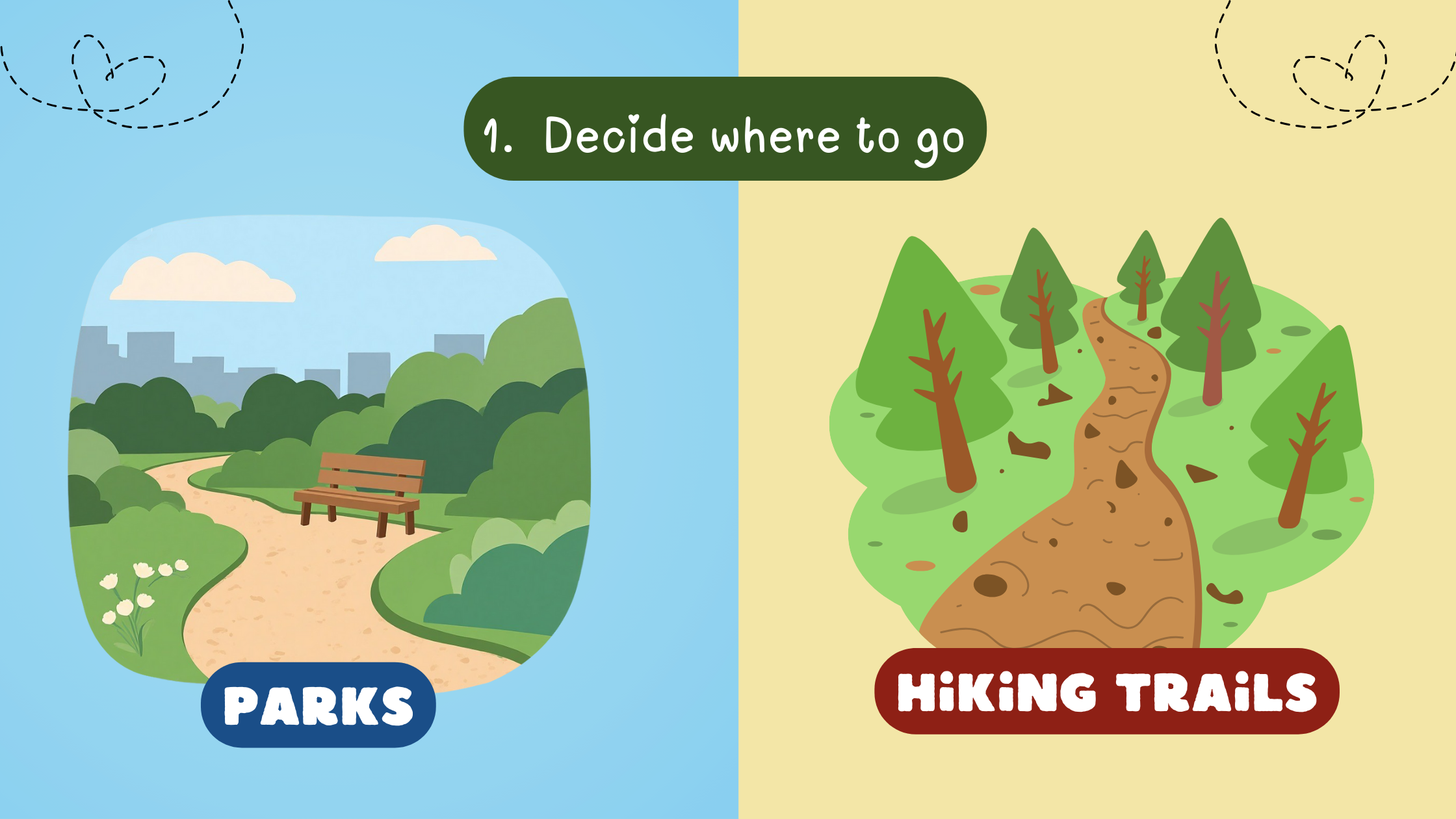 a graphic split in two with a graphic of a park on the left (bench with a paved path) and a hiking trail on the right (nature path with trees)