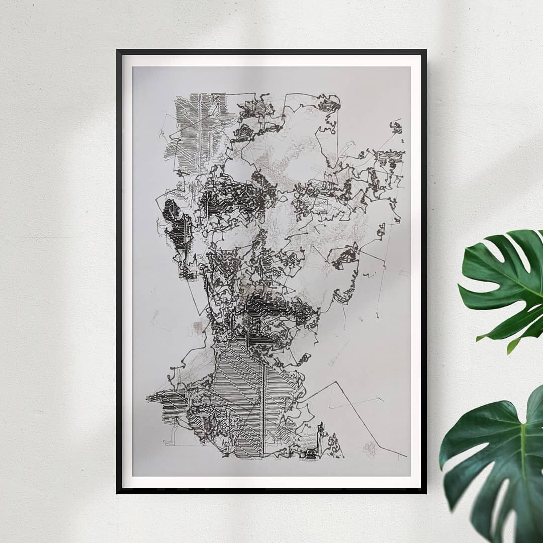 #4 in my ongoing &quot;Many Faces of Eve&quot; series. A2 sized drawing machine piece based on algorithmic reconstruction of an AI generated portrait.

It's on the wall here in the studio and for sale on my website.