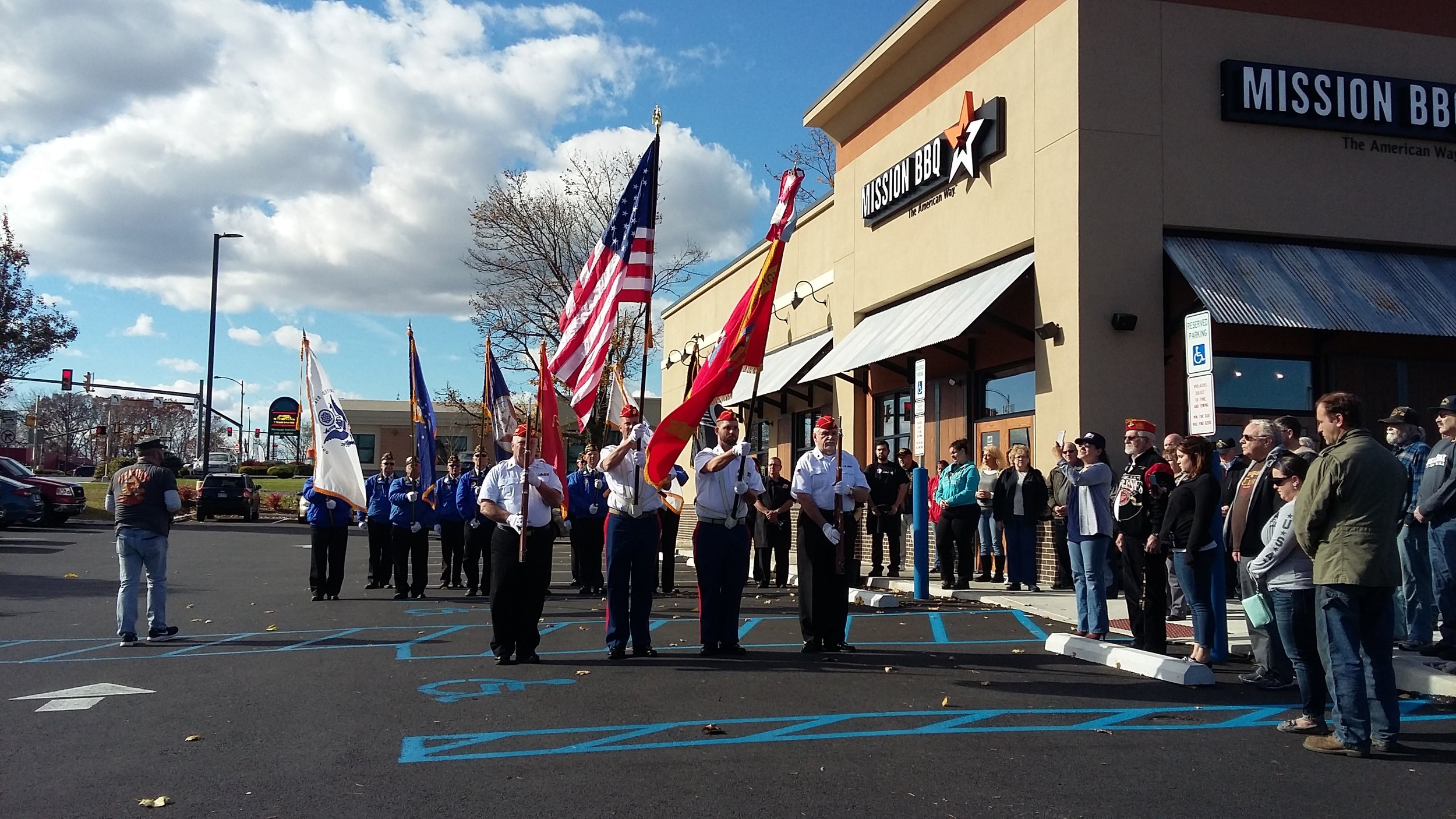  Detachment 296 Color Guard preforming at the Mission BBQ Veterans Day Ceremony. 
