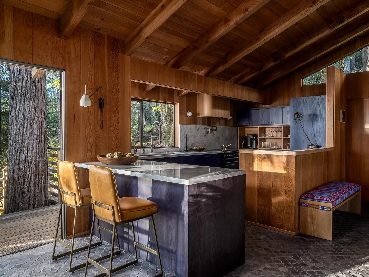 The original redwood paneling was both the home&rsquo;s greatest asset and its biggest design challenge&mdash;iconic to Sea Ranch architecture, yet tricky to complement.

For the kitchen, I chose stained cabinets that let the wood grain shine through