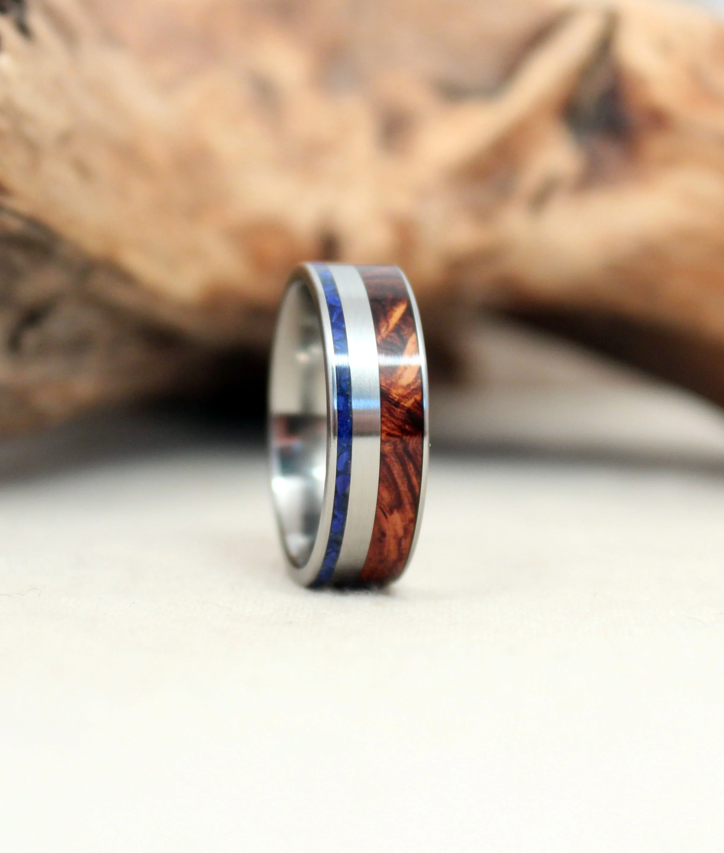 Exhibition Honduras Rosewood Burl and Lapis Lazuli Titanium Ring