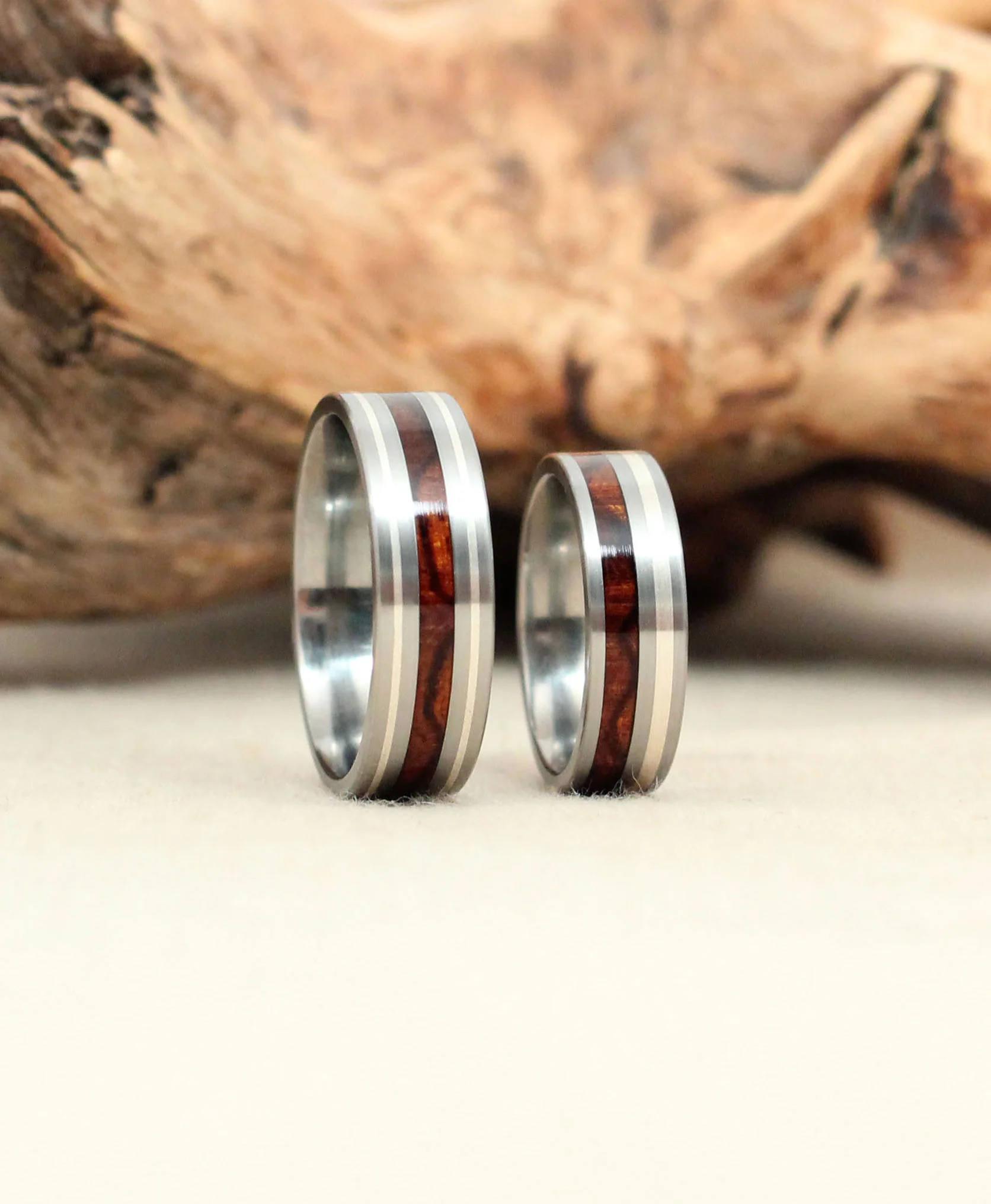 Arizona Desert Ironwood Burl with Offset Silver Stripe Titanium Ring