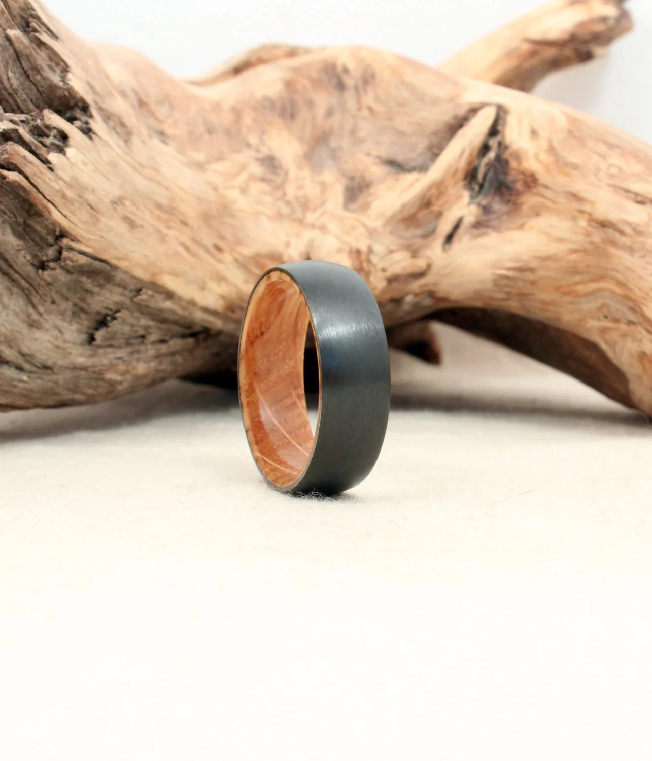 Black Zirconium Wood Ring Lined with Whiskey Barrel White Oak