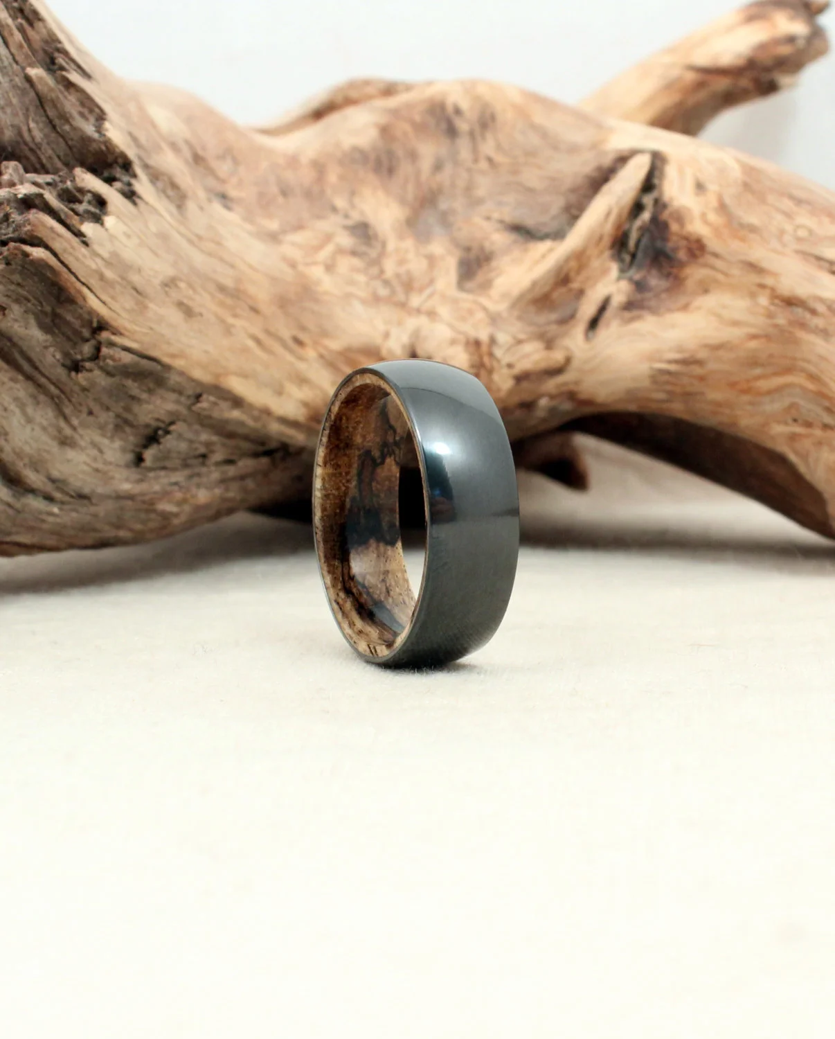 Black Zirconium Wood Ring Lined with Spalted Tamarind Wood Ring