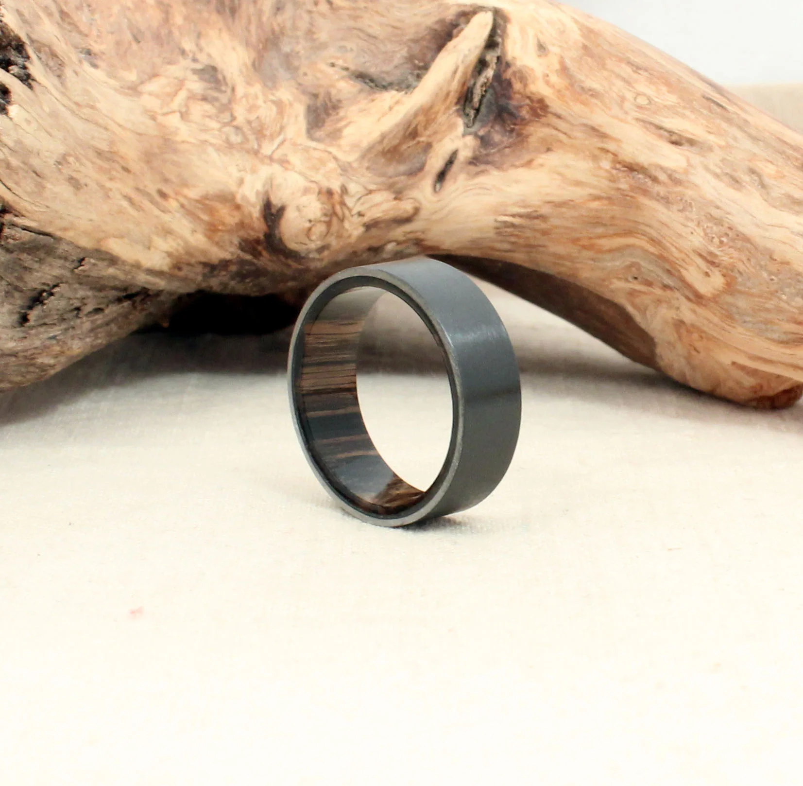 Black Zirconium and Ancient Russian Bog Oak Wooden Ring