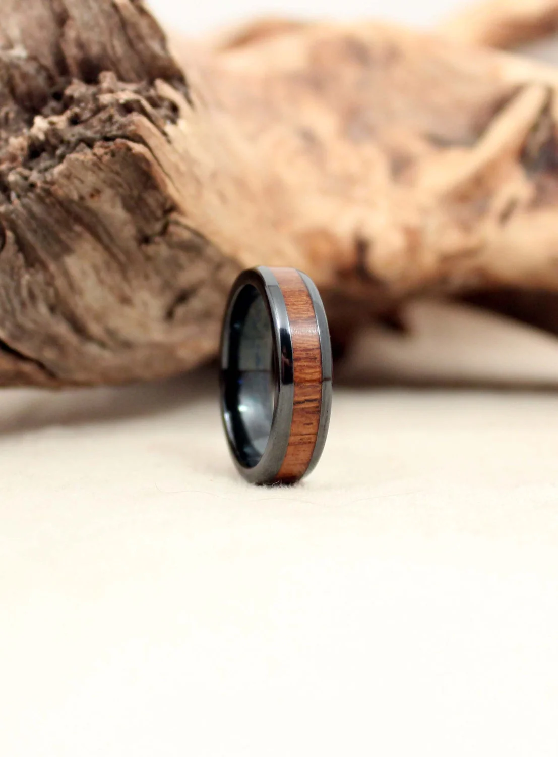 Black Ceramic Ring with USS North Carolina Deck Teak