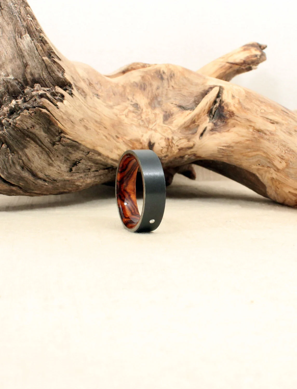Diamond Inlay Black Zirconium Wooden Ring Lined with Arizona Desert Ironwood Burl
