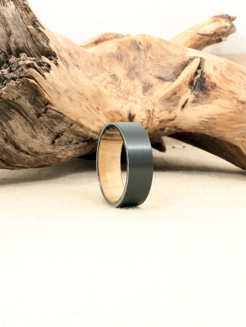 Black Zirconium Wooden Ring Lined with Beetle Kill Pine — WedgeWood Rings