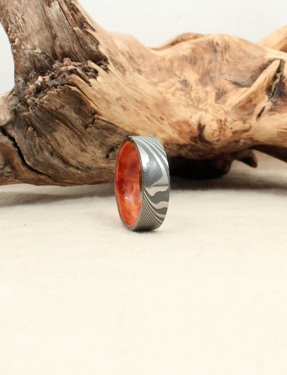 Redwood Burl and Handmade Damascus Steel Wood Ring