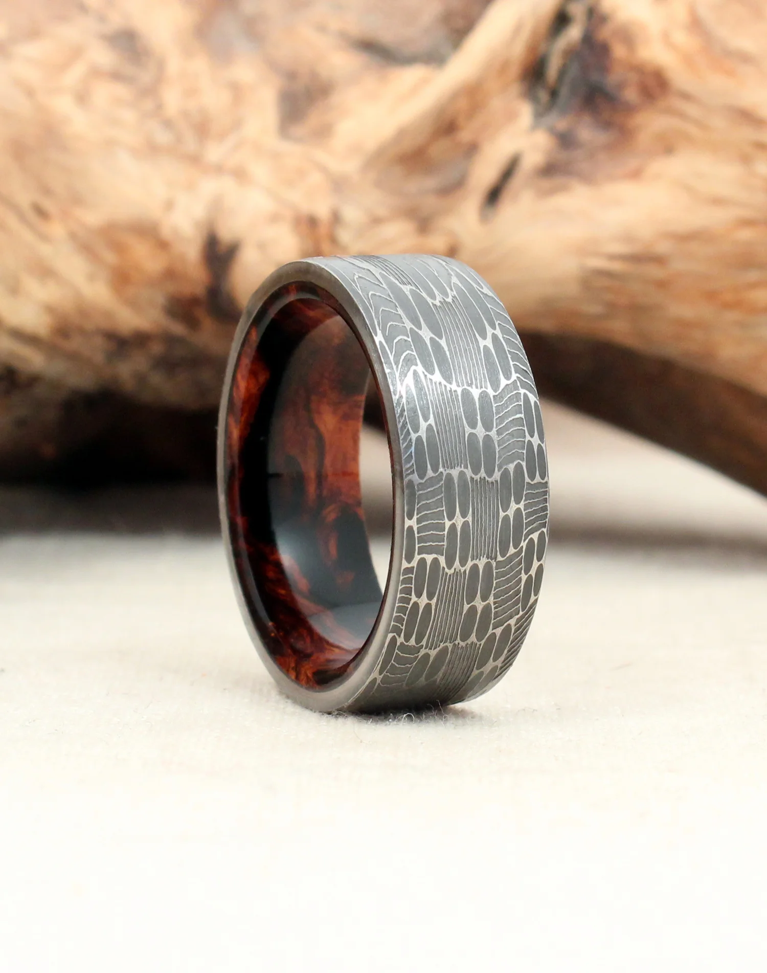 Hand-wrought Damascus Steel and Cocobolo Burl Wood Ring (Style no longer available)