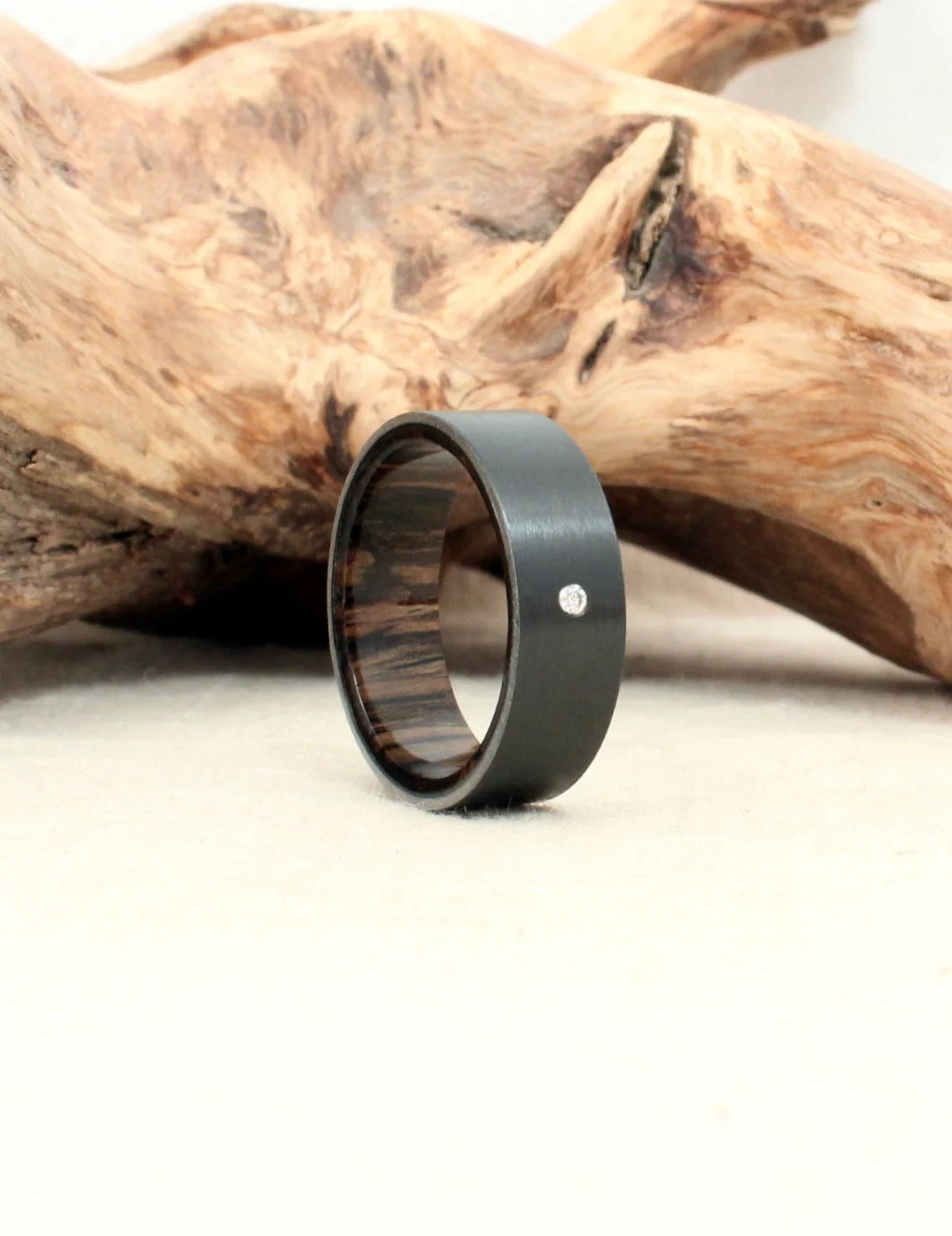 Ancient Russian Bog Oak Black Zirconium Ring with Diamond Inlay