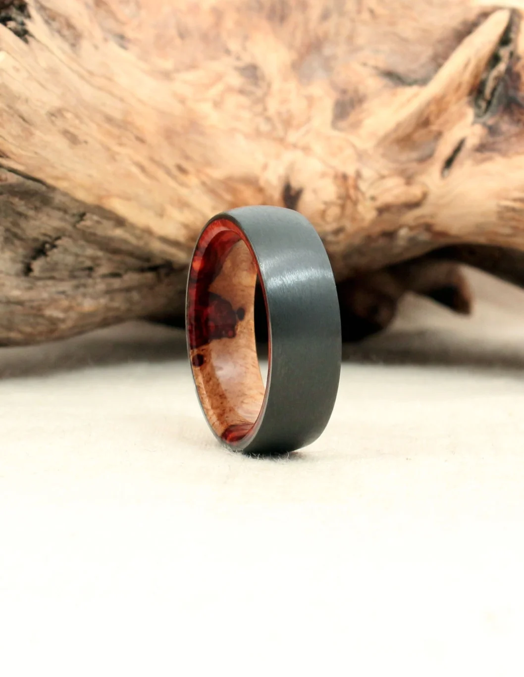 Black Zirconium and Amboyna Burl (Heartwood and Sapwood) Wood Ring