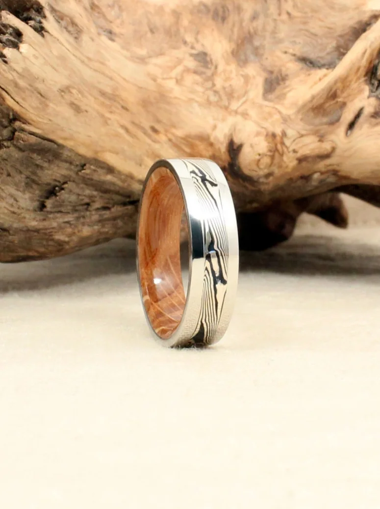 Mokume-Gane White Gold Cobalt Whiskey Barrel Wood Ring