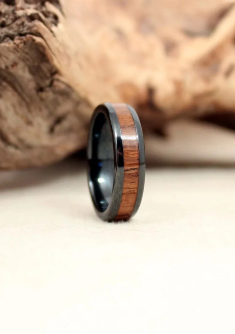 Black Ceramic Ring with USS North Carolina Deck Teak