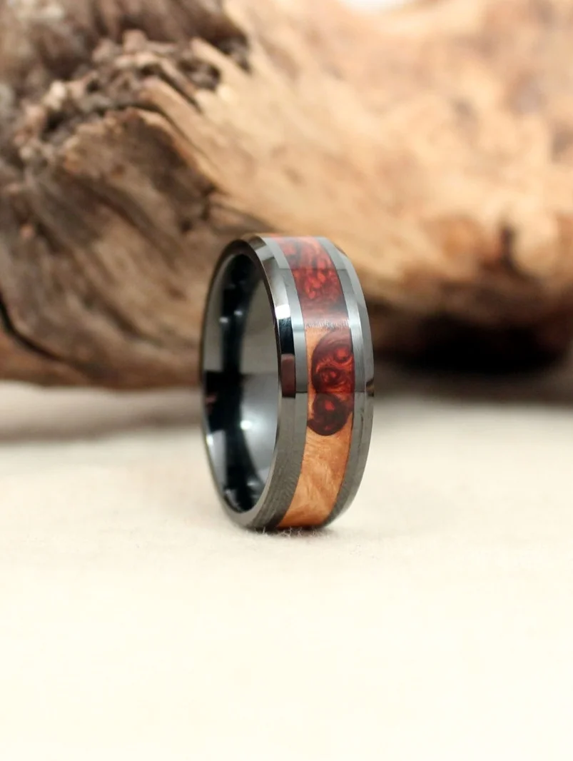 Black Ceramic Ring with Amboyna Burl Heartwood and Sapwood